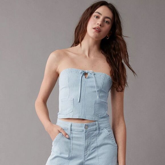 AE Light Blue Pin Stripe Vintage Wash Railroad Denim Cropped Spaghetti Top - Picture 1 of 17